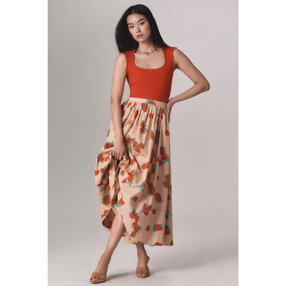 nwt ANTHROPOLOGIE MAEVE sz S The Jacie Poplin Strawberry Printed Midi Skirt - Picture 3 of 6